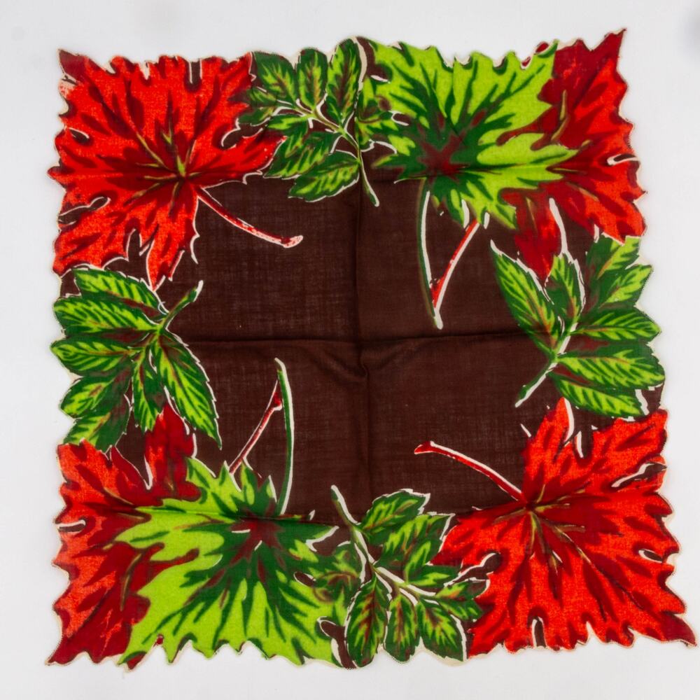 Vintage Hanky Handkerchief Autumn Fall Maple Leaves Red Green Brown Cotton Print